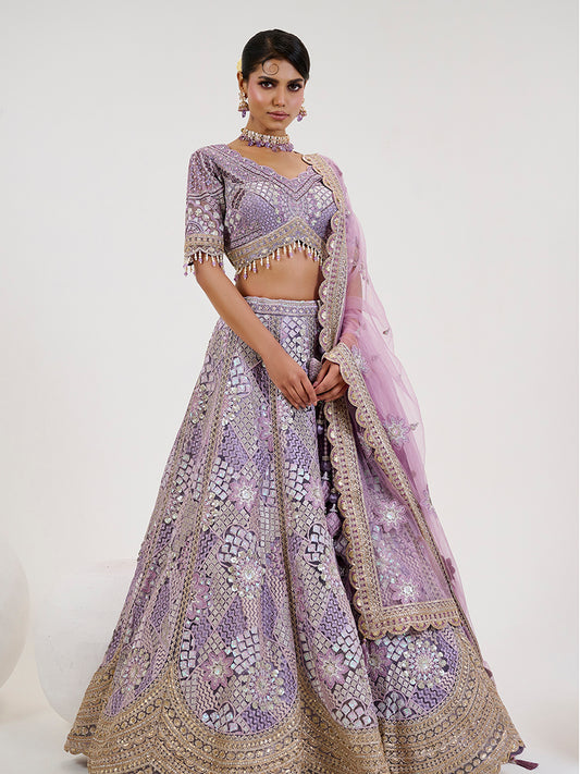 Lavender Net Embroidered Readymade Lehenga Choli With Dupatta