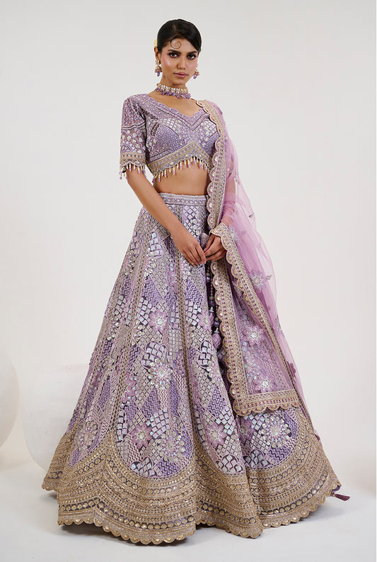 Lavender Net Embroidered Readymade Lehenga Choli With Dupatta