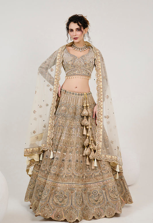 Beige Net Embroidered Readymade Lehenga Choli With Dupatta