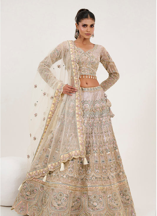 Off White Net Embroidered Readymade Lehenga Choli With Dupatta