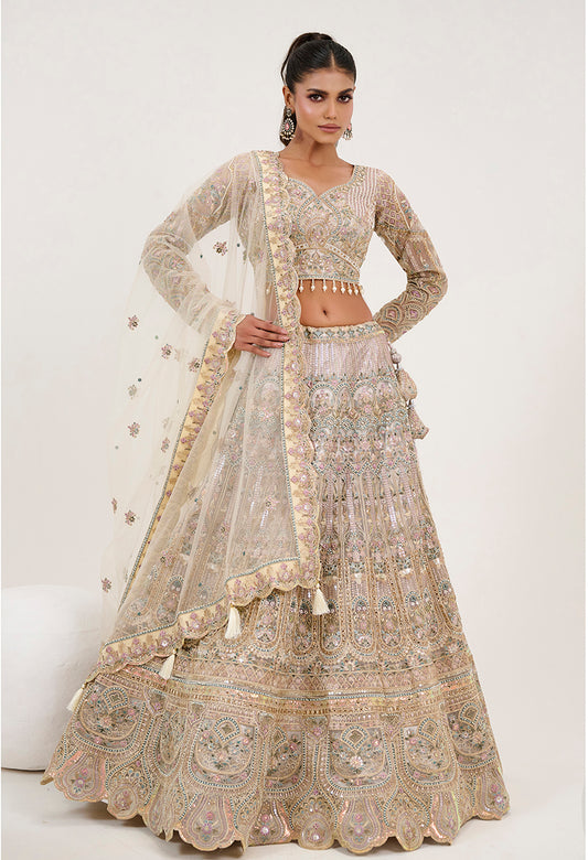 Off White Net Embroidered Readymade Lehenga Choli With Dupatta