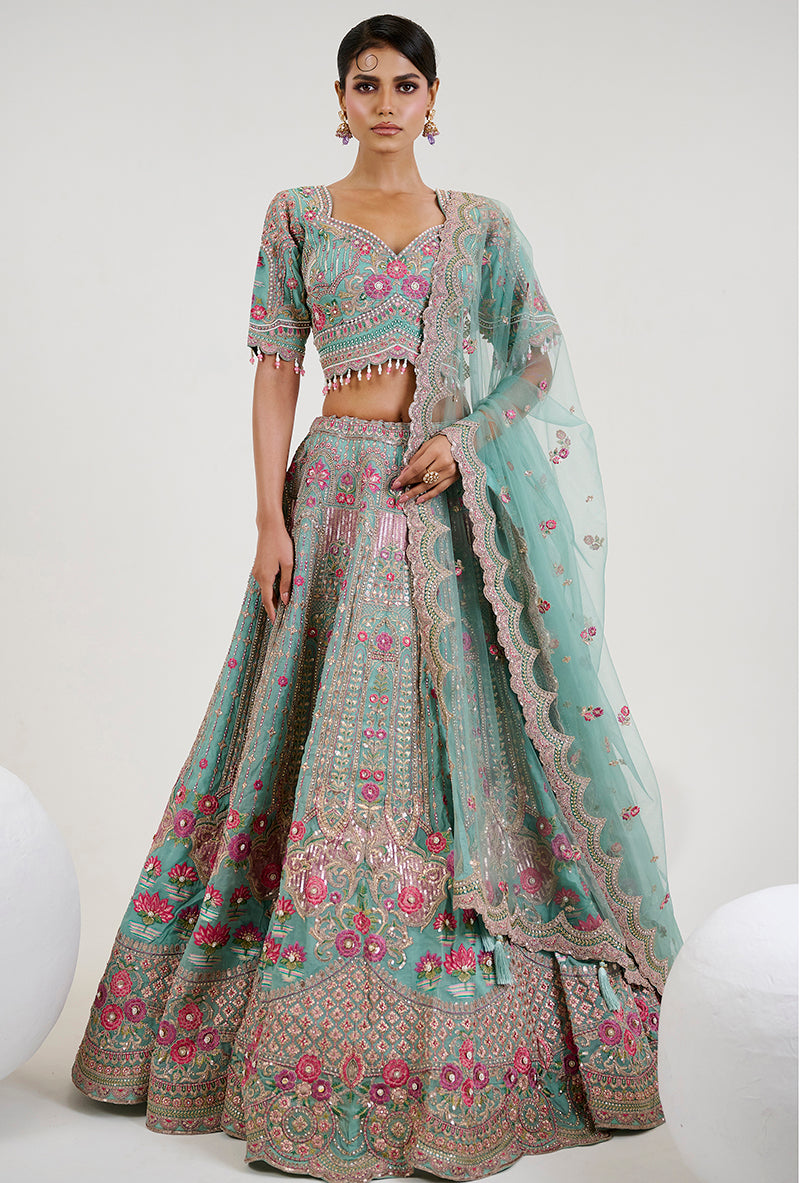 Turquoise Organza Embroidered Readymade Lehenga Choli With Net Dupatta