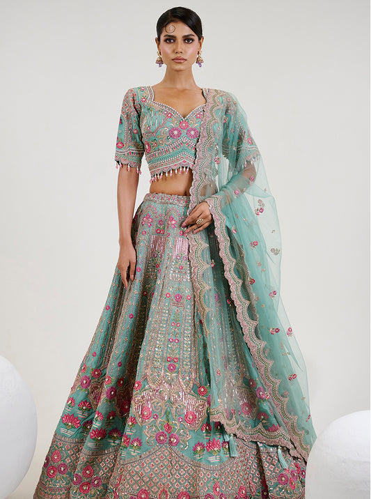 Turquoise Organza Embroidered Readymade Lehenga Choli With Net Dupatta