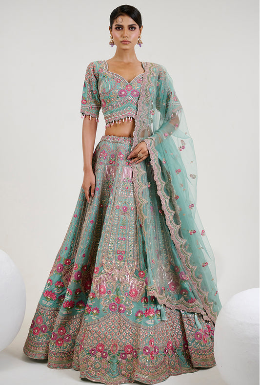 Turquoise Organza Embroidered Readymade Lehenga Choli With Net Dupatta