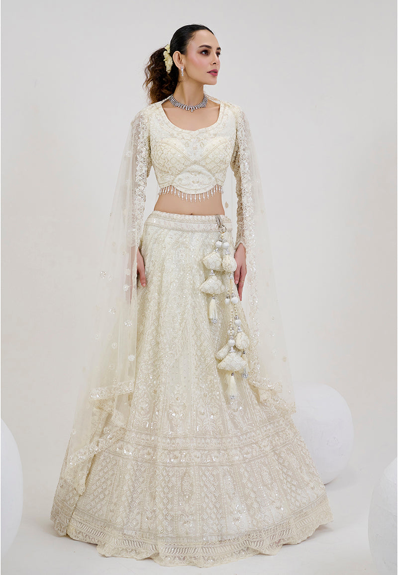 White Georgette Embroidered Readymade Lehenga Choli With Dupatta