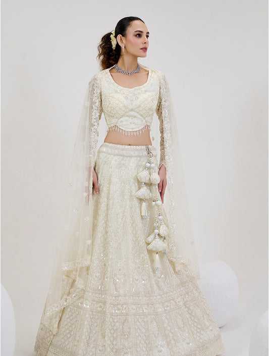 White Georgette Embroidered Readymade Lehenga Choli With Dupatta