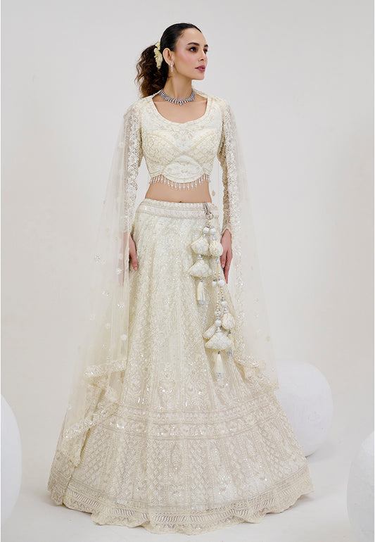 White Georgette Embroidered Readymade Lehenga Choli With Dupatta