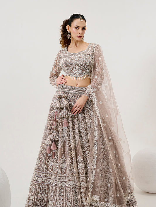 Brown Net Embroidered Readymade Lehenga Choli With Dupatta