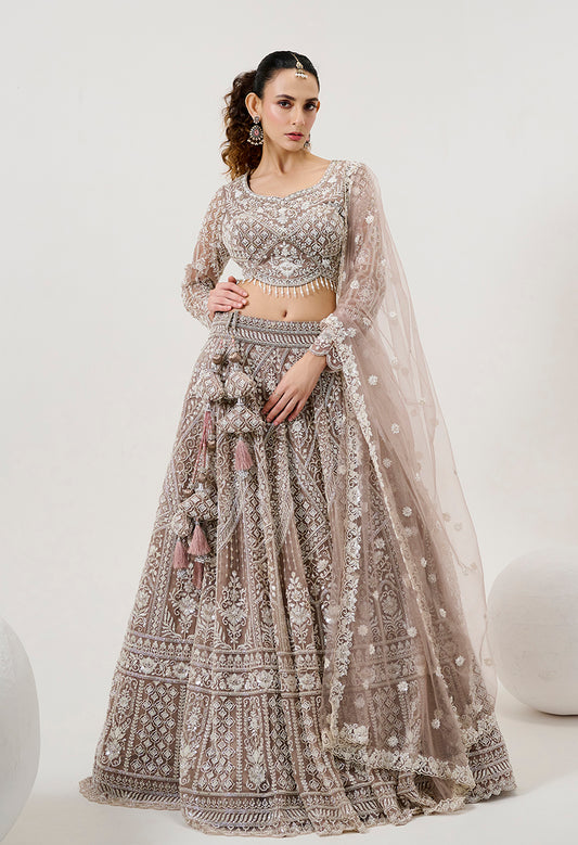 Brown Net Embroidered Readymade Lehenga Choli With Dupatta