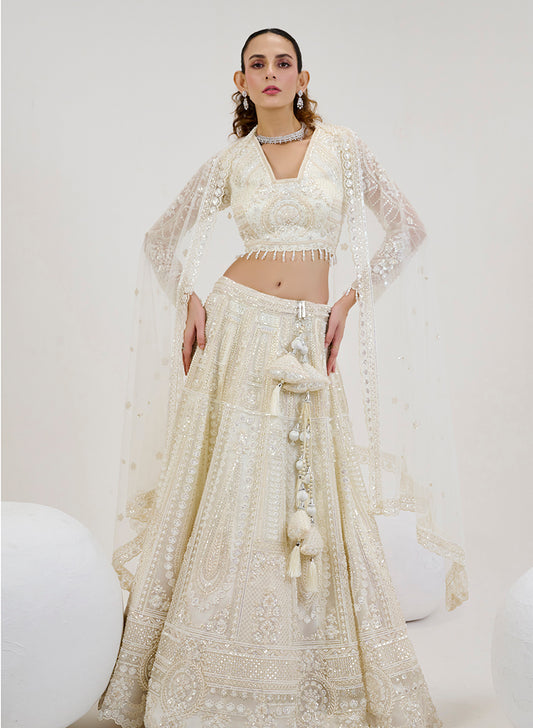 White Net Embroidered Readymade Lehenga Choli With Dupatta