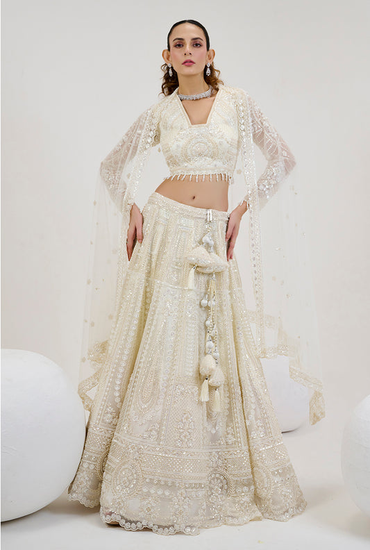White Net Embroidered Readymade Lehenga Choli With Dupatta