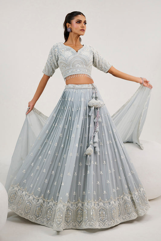Grey Georgette Embroidered Readymade Lehenga Choli With Dupatta