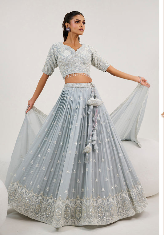Grey Georgette Embroidered Readymade Lehenga Choli With Dupatta
