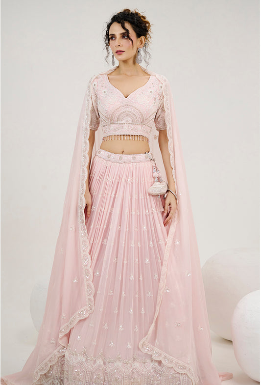 Pink Georgette Embroidered Readymade Lehenga Choli With Dupatta