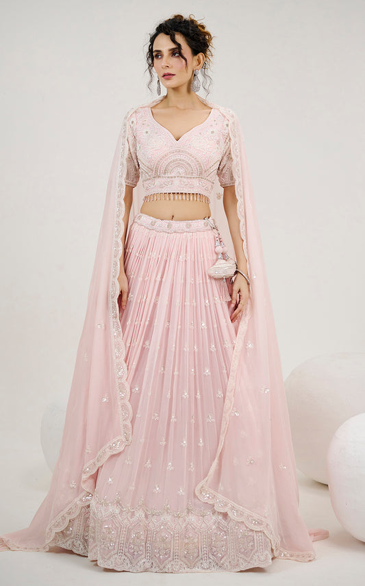 Pink Georgette Embroidered Readymade Lehenga Choli With Dupatta