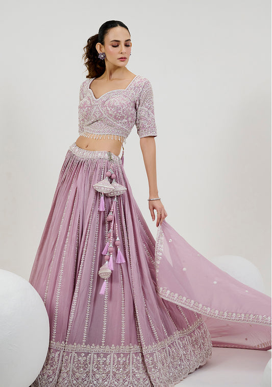 Lilac Georgette Embroidered Readymade Lehenga Choli With Dupatta