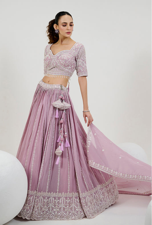 Lilac Georgette Embroidered Readymade Lehenga Choli With Dupatta