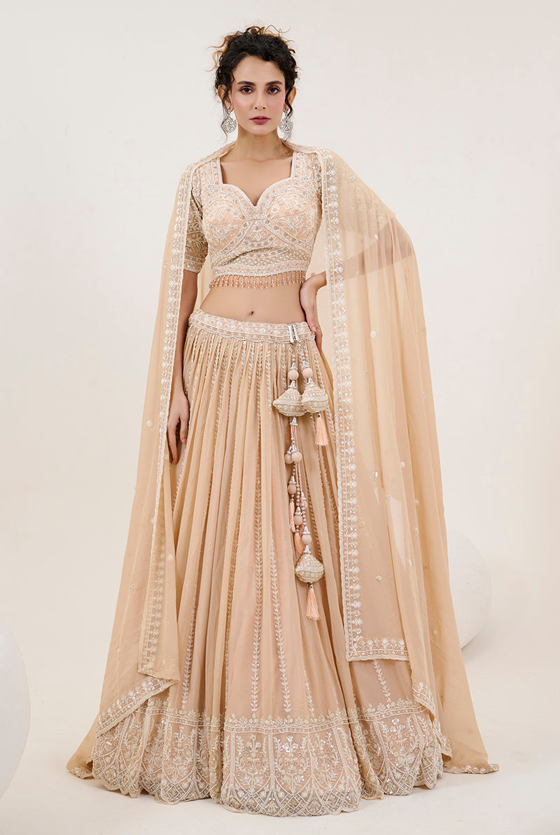 Beige Georgette Embroidered Readymade Lehenga Choli With Dupatta