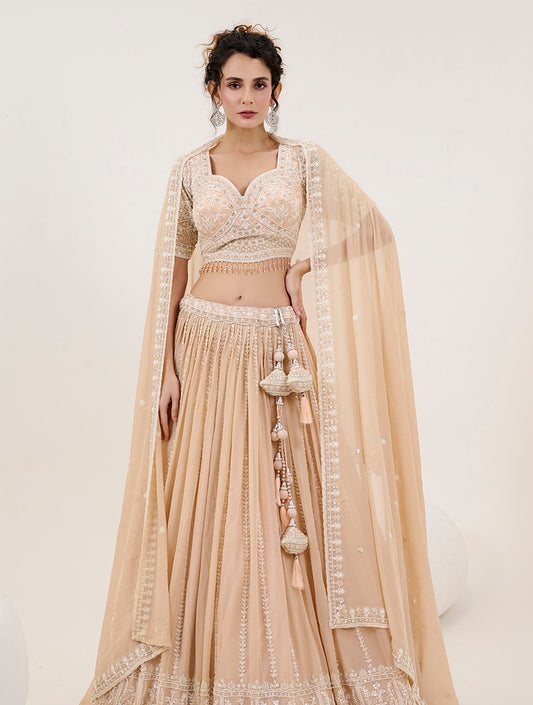 Beige Georgette Embroidered Readymade Lehenga Choli With Dupatta