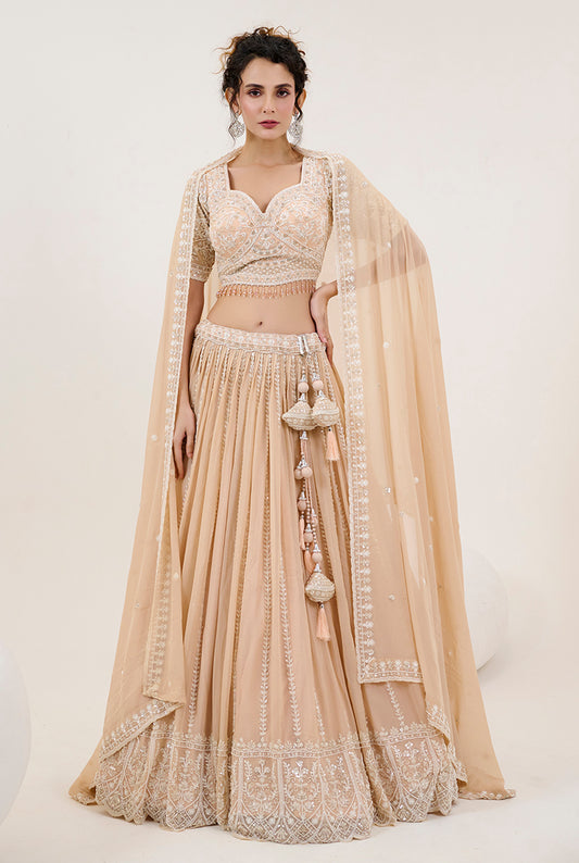 Beige Georgette Embroidered Readymade Lehenga Choli With Dupatta