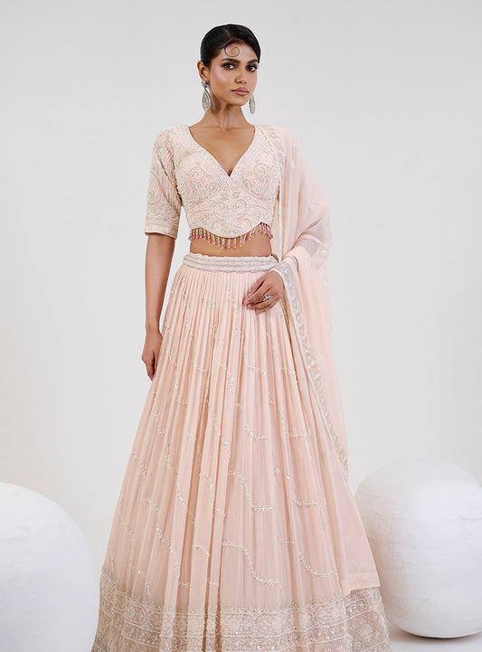 Light Pink Georgette Embroidered Readymade Lehenga Choli With Dupatta