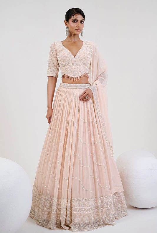 Light Pink Georgette Embroidered Readymade Lehenga Choli With Dupatta