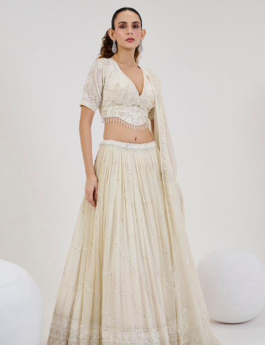 Off White Georgette Embroidered Readymade Lehenga Choli With Dupatta