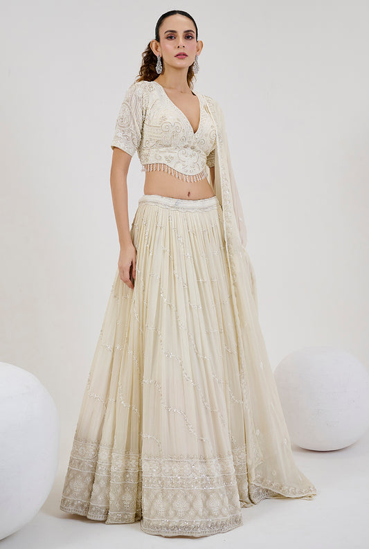 Off White Georgette Embroidered Readymade Lehenga Choli With Dupatta