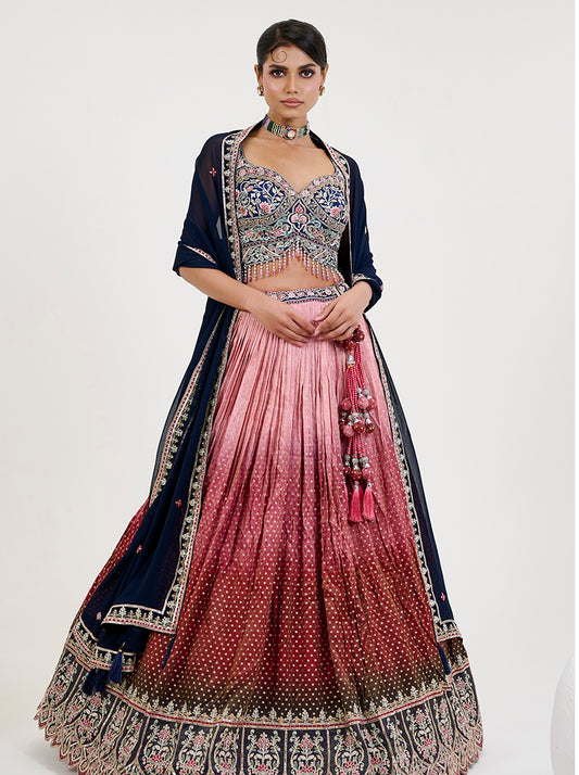 Crimson and Pink Jacquard Embroidered Readymade Lehenga Choli