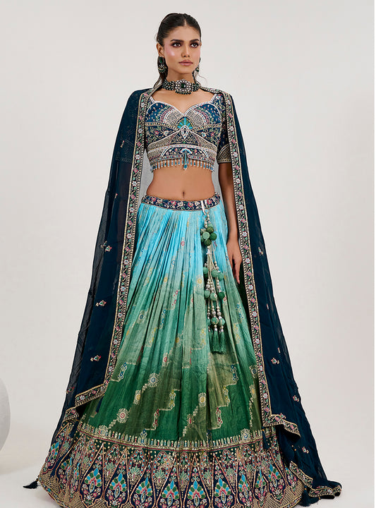 Green And Turquoise Jacquard Embroidered Readymade Lehenga Choli