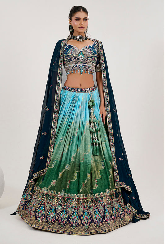Green And Turquoise Jacquard Embroidered Readymade Lehenga Choli