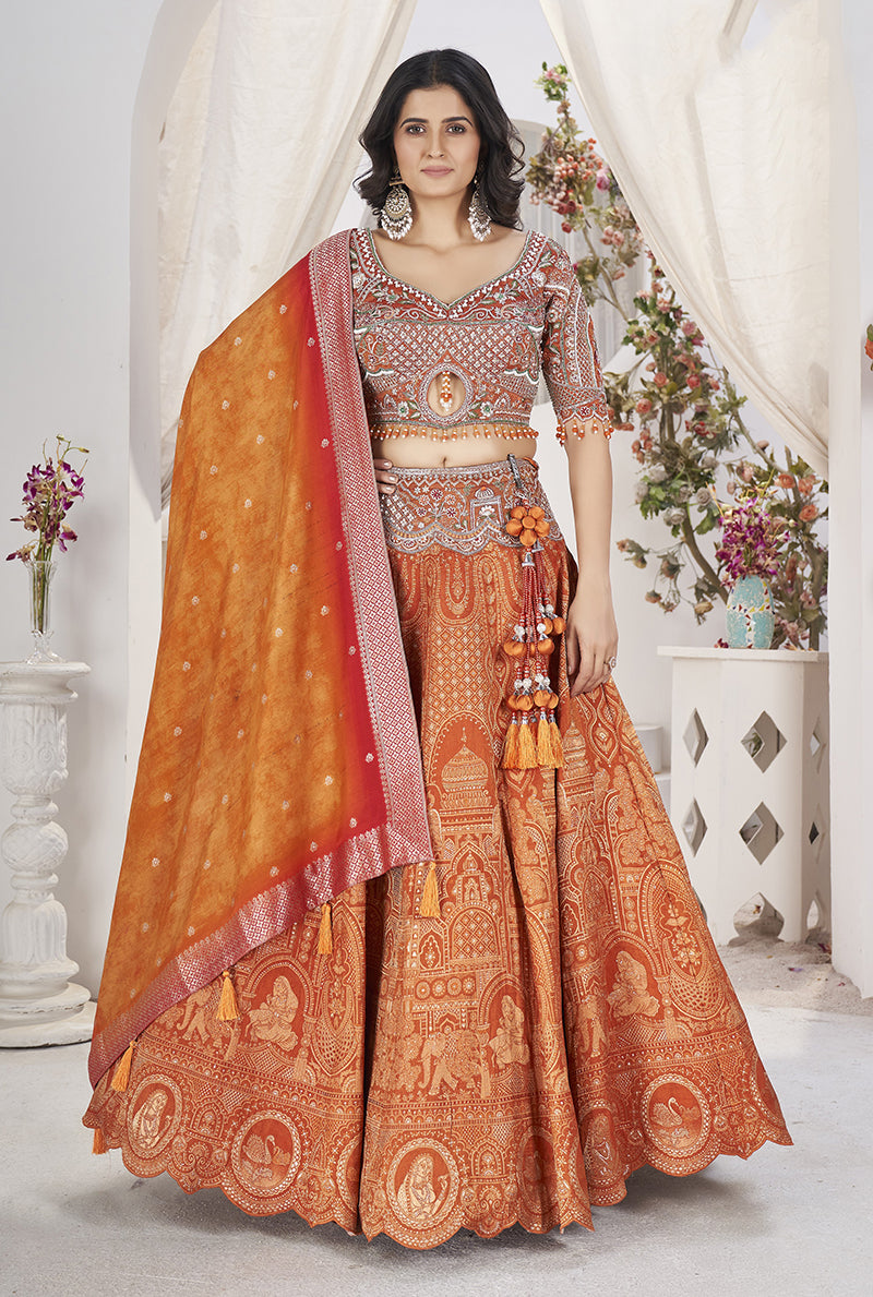 Orange Jacquard Embroidered Readymade Lehenga Choli