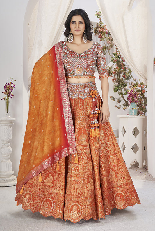 Orange Jacquard Embroidered Readymade Lehenga Choli