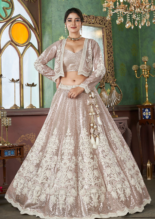 Light Brown Net Embroidered Lehenga Choli With Net Jacket