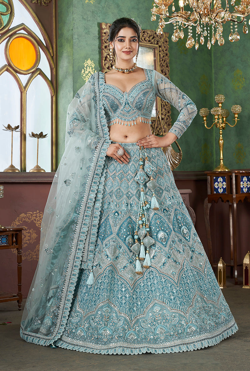 Sky Blue Net Embroidered Readymade Lehenga Choli