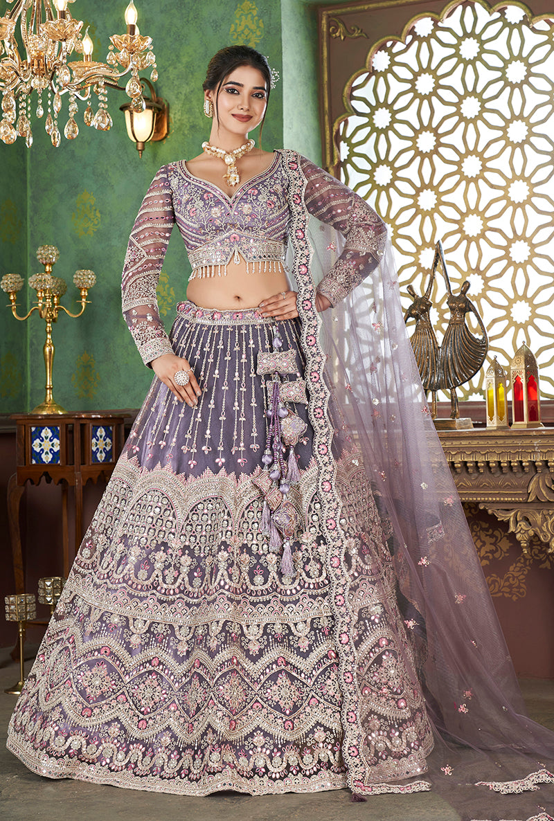 Purple Net Embroidered Readymade Lehenga Choli