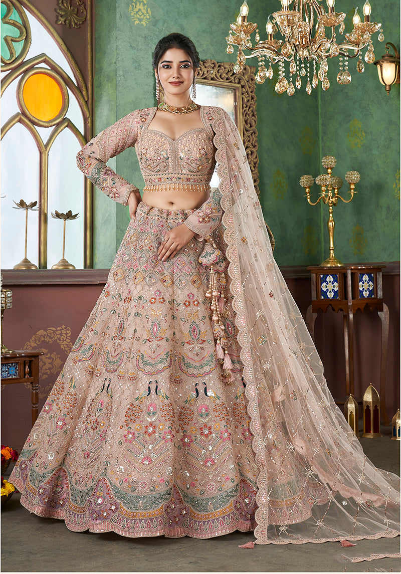 Beige Net Embroidered Readymade Lehenga Choli