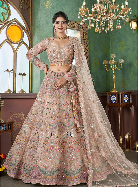 Beige Net Embroidered Readymade Lehenga Choli