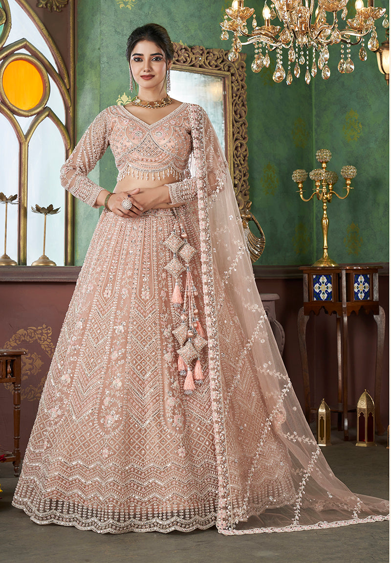 Peach Net Embroidered Readymade Lehenga Choli