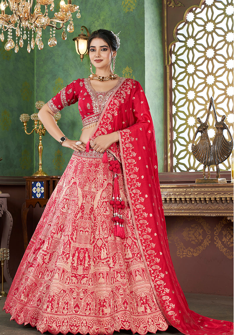 Red Jacquard Embroidered Lehenga Choli With Dupatta