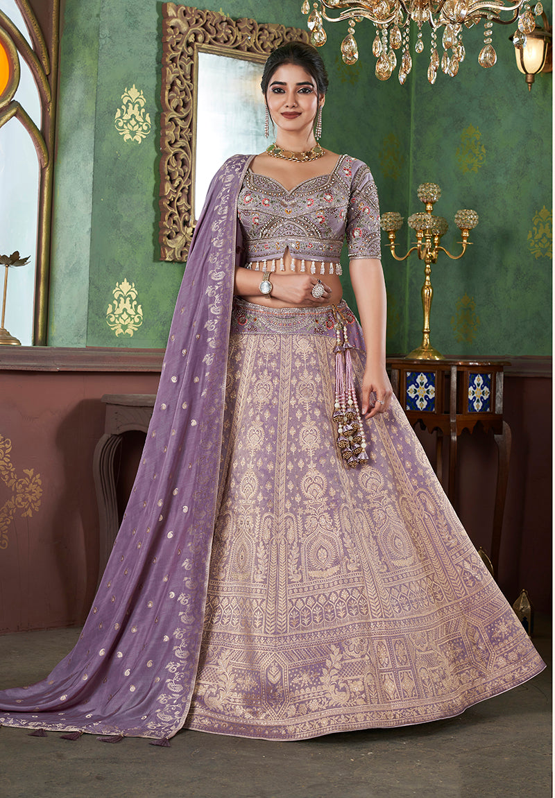 Purple Jacquard Embroidered Lehenga Choli With Dupatta