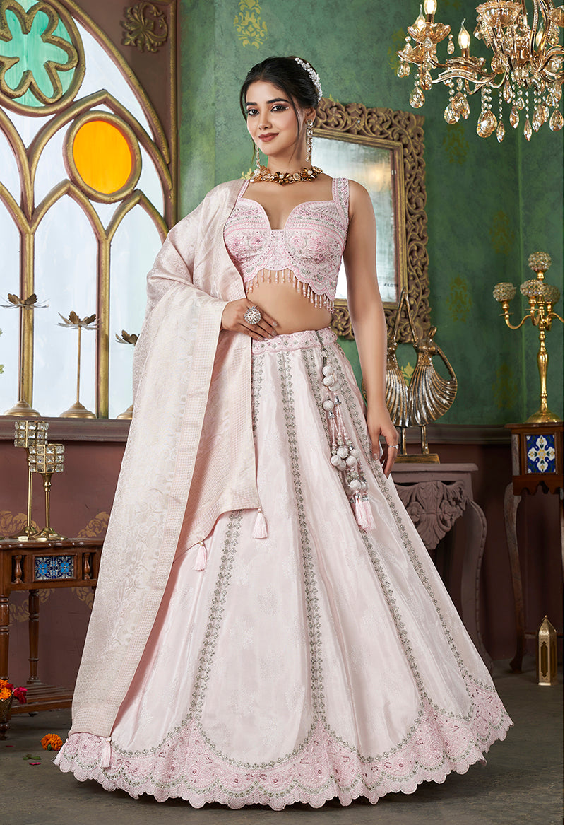 Light Pink Jacquard Embroidered Lehenga Choli With Dupatta