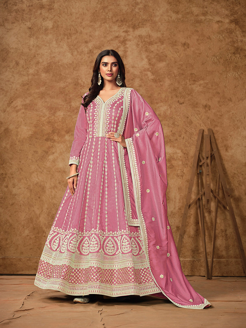 Pink Pure Dola Silk Embroidered Ceremonial Gown