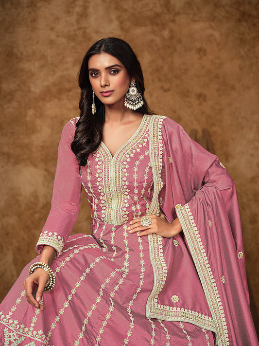 Pink Pure Dola Silk Embroidered Ceremonial Gown