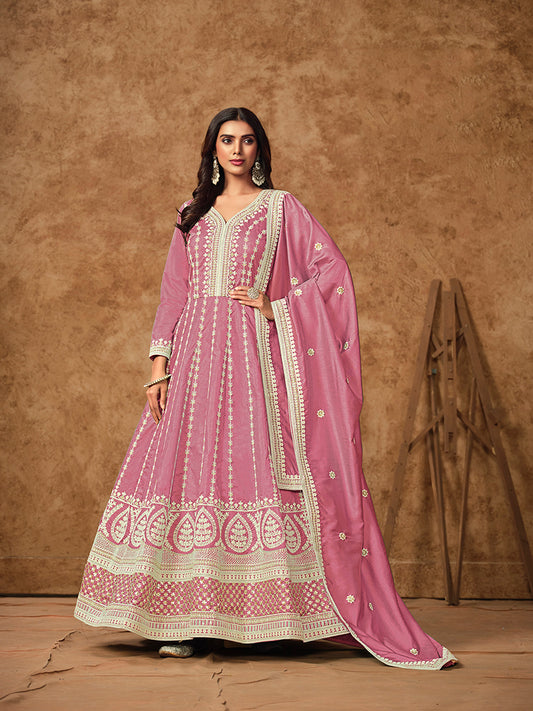 Pink Pure Dola Silk Embroidered Ceremonial Gown