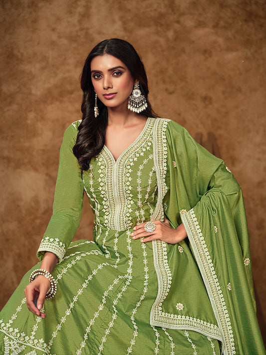 Lemon Green Pure Dola Silk Embroidered Ceremonial Gown