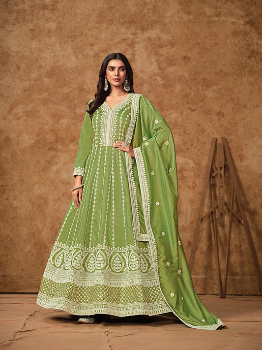 Lemon Green Pure Dola Silk Embroidered Ceremonial Gown
