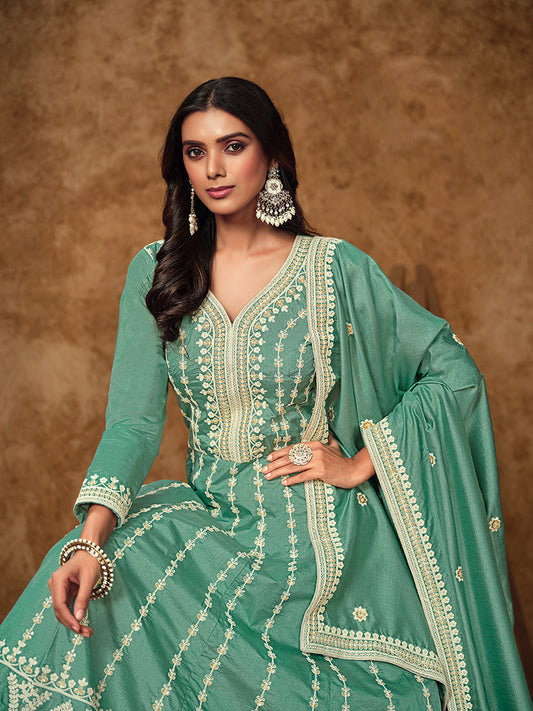 Aqua Blue Pure Dola Silk Embroidered Ceremonial Gown