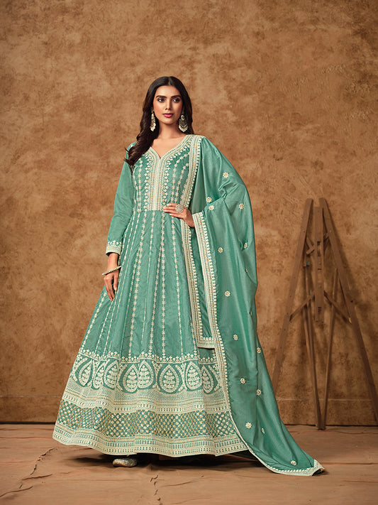 Aqua Blue Pure Dola Silk Embroidered Ceremonial Gown