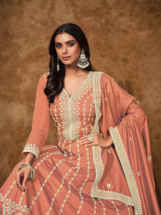 Peach Pure Dola Silk Embroidered Ceremonial Gown